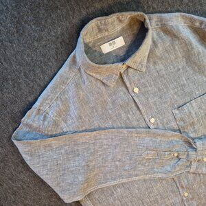 Uniqlo Shirt Mens Sz Medium Gray Linen Button Front Long Slv Left Chest Pocket